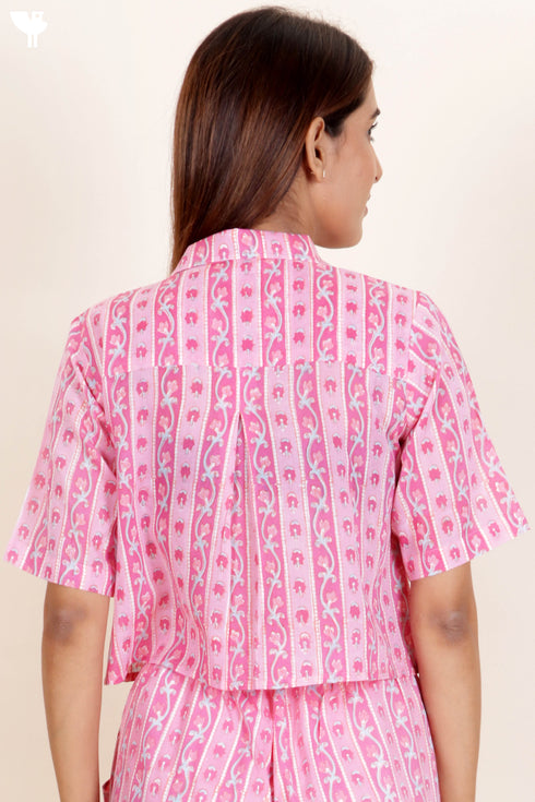 Mulmul Cotton Crop Top In Floral Block Print